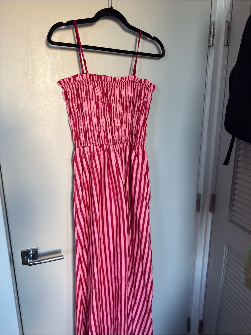 Striped Maxi Dress Pink and Red NEW Size M/L Smocked Sundress w Pockets